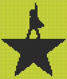 a black and yellow cross stitch pattern with a star in the center on a yellow background