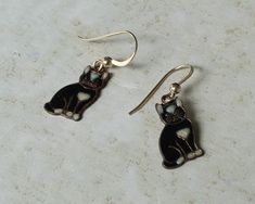 Tuxedo Cat Earrings Enameled Pierced Heart Black White Vintage - Etsy Black Tuxedo Cat, Jewelry Vault, Black White Vintage, Tuxedo Cat, Black Tuxedo, Cat Earrings, Fish Hook, Classic Vintage