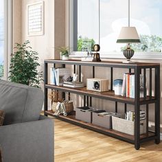 a living room scene with focus on the bookshelf