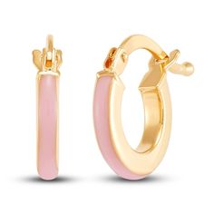 Dazzling pink enamel adorns the fronts of these contemporary children's hoop earrings. Fashioned in 14K yellow gold, the earrings secure in place with hinged backs. Pink Hypoallergenic Huggie Earrings, Yellow Gold Enamel Huggie Jewelry, Pink Enamel Hoop Earrings, Small Hoop Yellow Gold Enamel Earrings, Yellow Gold Enamel Small Hoop Earrings, Yellow Gold Small Hoop Enamel Earrings, Yellow Gold Small Hoop Earrings With Enamel, Pink Hypoallergenic Small Hoop Huggie Earrings, Gold Enamel Hoop Huggie Earrings