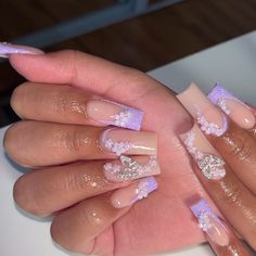 By @nailsbynancylopez Graduation Nails Lavender, Lavender Baddie Nails, Light Purple Prom Nails Short, Purple White And Silver Nails, Silver And Purple Nails For Prom, Purple With Silver Nails, Purple Nails Quince, Purple And Silver Nails Short, Prom Nails Lavender