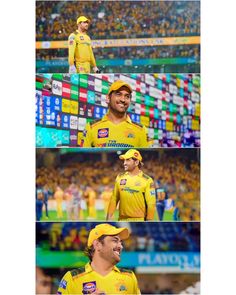 three different shots of a man in yellow and blue uniform at a baseball game, with the caption's name on his chest