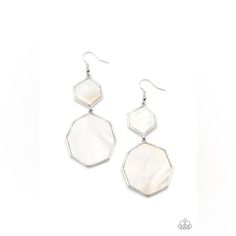 Encased In Sleek Silver Frames, White Shell-Like Hexagonal Frames Link Into A Whimsical Lure. Earring Attaches To A Standard Fishhook Fitting. Elegant White Octagon Earrings, Elegant White Hexagon Jewelry, Silver Frames, Paparazzi Jewelry, White Earrings, Fish Hook, White Silver, Jewelry Earrings, Sleek