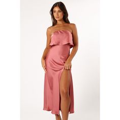 This midi strapless dress with fold over detail is the perfect event wear for any party. It features an invisible zip with hook and eye clasp at the back, as well as a front split feature that will add a fun, flirty edge to your look. We recommend sizing down when purchasing, for a better fit. Pink Strapless Bandeau Dress For Evening, Pink Bandeau Strapless Dress For Evening, Pink Satin Strapless Dress For Date Night, Pink Party Maxi Dress With Straight Neckline, Summer Party Midi-length Tube Top, Pink Maxi Length Strapless Dress For Night Out, Pink Strapless Maxi Dress For Night Out, Strapless Midi Dress For Party, Strapless Midi Dress For Prom Season Night Out