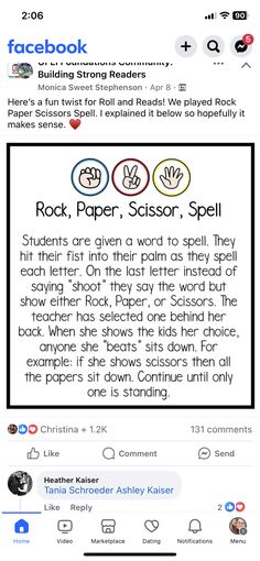 the facebook page for rock paper scissors, which is being used to teach children how to use