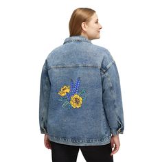 This women's custom denim jacket is here to become a wardrobe icon. With a timeless Texas design, a relaxed, oversized fit, this jacket has all the hallmarks of an instant-favorite; Lapel collar, button-front closure, long sleeves with buttoned cuffs, button-flap front patch pockets, and front slant pockets.  90% cotton, 6% polyester, 3% rayon, 1% spandex (fiber content slightly varies for different sizes) Relaxed, oversized boyfriend fit Sewn-in label on the bottom left side Flower Coat, Custom Denim Jacket, Texas Women, Custom Denim, Jeans Button, Blue Bonnets, Denim Jacket Women, Art Clothes, Yellow Rose