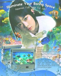 an advertisement for the aquarium fish tank with a girl in front of it and some fish