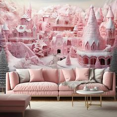 a living room with pink furniture and a large mural on the wall