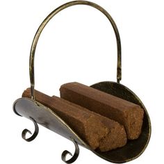 two pieces of bread are in a metal holder on a white background with an iron handle