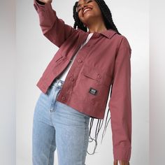 Vans Dusty Rose Relaxed Fit Work Jacket. A Perfect Layer To Your Cool Weather Wardrobe. Printed Denim Shirt, Vans Jacket, Jeans And Vans, Vans Pink, Camouflage Jacket, Army Green Jacket, Cool Weather, Tan Jacket, Denim Pocket