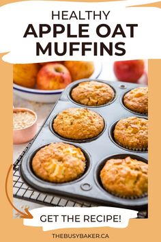 healthy apple oat muffins with apples in the background and text overlay