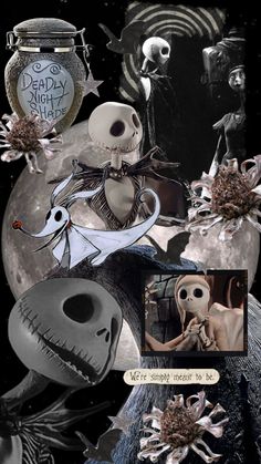 a collage of halloween images with skulls and skeletons in the background, including an image of jack skellingy