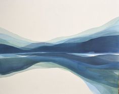 an abstract painting with blue and white colors on the wall next to a wooden pole