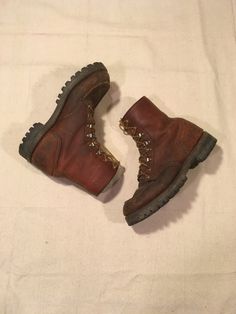 "vintage 80s work boots Red Wing Irish setter Sport Boot made in USA style # 20025 brown leather upper Vibram rubber tire tread pattern sole 8 row lace up ((top 2 hook lace) good vintage condition, authentic age wear light fade, marks, nicks (see photos), dirt label size men's 8 1/2 D, see below measures, insole-10 1/2\" sole-12\" width-4 1/2\" heel-1 3/4' total height-8 3/4\"" Vintage Work Boots With Rubber Sole And Plain Toe, Rugged Vintage Brown Boots For Outdoor, Vintage Work Boots With Reinforced Toe For Outdoor Work, Vintage Lace-up Work Boots For Outdoor, Vintage Work Boots With Goodyear Welt Construction, Vintage Work Boots With Rubber Sole And Moc Toe, Vintage Brown Rugged Moc Toe Boots, Vintage Boots With Reinforced Toe For Outdoor Work, Rugged Vintage Brown Moc Toe Boots