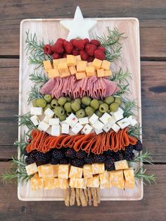 a platter filled with cheese, meats and fruit