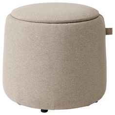 a round ottoman with wheels on the bottom and an upholstered seat in beige fabric