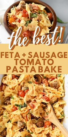 the best fett and sausage pasta in a pan with a wooden spoon next to it