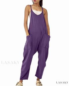 Lasaky - Suspender Strap Overall Jumpsuit featuring Convenient Zipper Pockets Cold Shoulder Jumpsuit, Zipper Jumpsuit, Straps Jumpsuit, Strap Pants, Jumpsuit Casual, Pocket Jumpsuit, Cami Jumpsuit, Wide Leg Romper, Cozy Loungewear