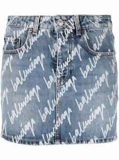 light blue/white cotton-denim all-over logo print logo patch to the rear low-rise button fly fastening belt loops classic five pockets straight hem Balenciaga Skirt, Balenciaga Clothing, Logo Azul, Women's Bottoms, Tumblr Fashion, Printed Jeans, Skirt Fits, Printed Denim, Fitted Skirt