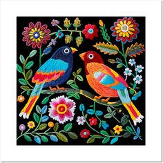 two colorful birds sitting on top of a tree branch with flowers and leaves around them