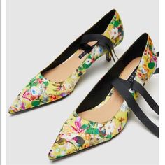 Trafaluc Floral Heels Shoes. New With Tag Contrasting Kitten Heel Pumps. Floral Print Detail At Upper. Ties At Instep. Pointed Toes. Heel Height Of 5 Cm / 1.9" With Lace Or Without Lace Option. Multicolor Heel Height: 1.6 Inches (4 Cm) Tag Size Eu39/Us8 Airfit. Flexible Technical Sole Made Of Latex Foam Designed To Offer Increased Comfort. Upper Polyester 100% Lining Polyurethane 85% - Polyester 15% Sole Polyurethane Thermoplastic 100% Slipsole Polyurethane 100% S75 Yellow Court Shoes For Spring, Yellow Court Shoes For Spring Formal Occasions, Yellow Court Shoes For Spring Formal Events, Green Pointed Toe Kitten Heels For Spring, Spring Ankle Strap Court Shoes With Wrapped Heel, Spring Court Shoes With Wrapped Heel And Ankle Strap, Yellow High Heel Shoes For Spring, Yellow High Heel Spring Shoes, Yellow Pointed Toe Court Shoes For Party