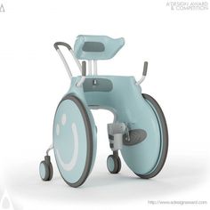 an image of a blue bicycle with wheels on the front and back wheel, which is designed to look like a child's bike