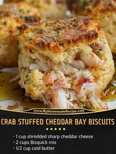 crab stuffed cheddar bay biscuits on a plate with text overlay