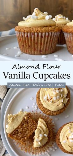 an image of cupcakes with frosting on them and the words almond flour vanilla cupcakes