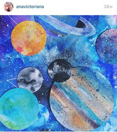 an image of planets in the sky with stars and watercolors on it's surface