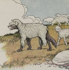 an illustration of sheep grazing in the grass with a man kneeling down next to them