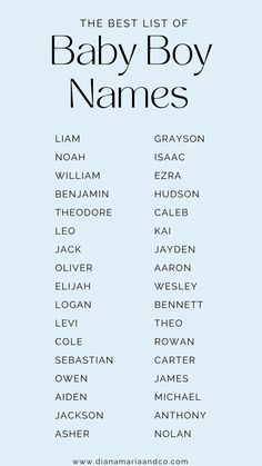 the best list of baby boy names in black and white on a light blue background