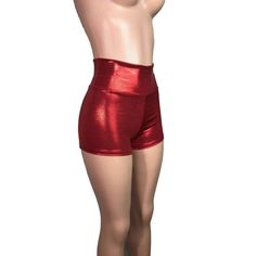 Red metallic high-waisted short shorts. The fabric is high-quality Polyester/Spandex in a shimmery red metallic mystique and will move with you. The inseam is 2.5" - but if you'd like it shorter or longer, please say so in the comments. Metallic Shorts, Rave Wear, Short Shorts, Green Velvet, High Waisted Shorts, Short Outfits, Crossfit, Polyester Spandex, Metallica