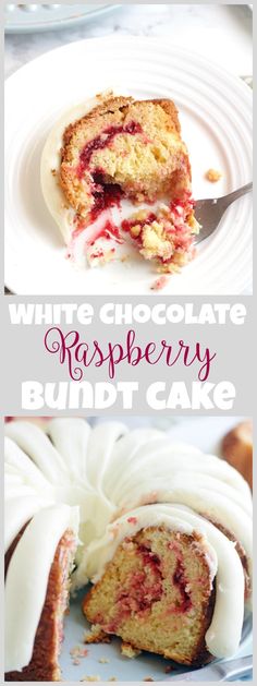 white chocolate raspberry bundt cake is cut in half and served on a plate