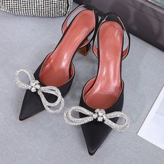 Glitter Rhinestone Women Pumps Crystal Bowknot Satin Pointed Toe High Heels Slingbacks Shoe Slip On Ladies Wedding Pumps Sandal Bridal Pumps, Wedding Pumps, Crewneck Sweatshirt Women, Satin Heels, Spike Heels, Glitter Shoes, Slingback Shoes, Wedding Sandals, Womens Wedding Shoes