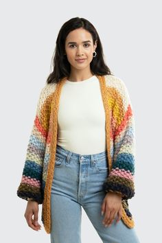 Discover our best-selling Rainbow Knit Cardigan! This oversized open-front cardigan features chunky knit sleeves and vibrant stripes for a playful pop of color. This comfy sweater is perfect for layering over jeans or leggings for a lively and stylish fall look. Material: 100% Acrylic Length: 28.5" Width: 22.5" Hand Wash Multicolor Cardigan, Stripe Crochet, Adorable Style, Autumn Wardrobe, Cozy Cardigan, Knit Sleeve, Designer Crossbody Bags, Comfy Sweaters, Oversized Cardigan