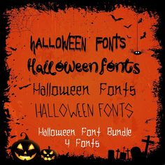 halloween font with pumpkins and bats on it, in front of an orange background