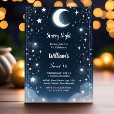 a clear card with the words starr night written on it and stars in the sky