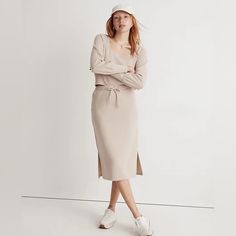 Comfy As It Is Cute, This Madewell Ribbed Drawstring Midi Skirt In Faded Earth (Beige/Cream) Is Made From A Supersoft Rib-Knit Fabric. Throw It On With The Matching Or Neutral Top With A Denim Jacket For An Oh-So-Cozy Yet Chic Look. Material: Polyester/Rayon/Elastane. Brand New, W/ Tag. Knitted Skirt Set, Button Midi Skirt, Polka Dot Midi Skirt, Sequin Midi Skirt, Madewell Skirt, Neutral Tops, Black Lace Skirt, Silk Midi Skirt, Midi Wrap Skirt