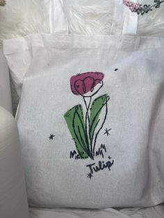 "Cute and aesthetic handpainted canvas tote bag. Ideal for shopping, carrying books and simply as a fashion piece. A great gift for anyone loving tulips, nature, flowers, and bags. Minimalist design with an original painting, and made to order. Comfortable bag handle and can hold many items such as books, clothing, food, etc.  ABOUT THE TOTE: Weight: 6 oz Dimensions: 13.5\"L x 13.5\"W x 4\"H Handles: ~24\" HOW IT WAS PAINTED: I ironed the bag, and painted with liquitex acrylic paint with paint t Hand Painted Cotton Tote Canvas Bag, Hand Painted White Cotton Canvas Bag, Hand Painted Cotton Canvas Bag For Everyday Use, Liquitex Acrylic Paint, Eco-friendly White Flower-shaped Canvas Bag, Flower Cloth, White Botanical Tote Bag, Tote Bag Aesthetic, Floral Tote Bag