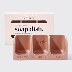 three soap dishes sitting next to each other in front of a box with the word art - sch on it