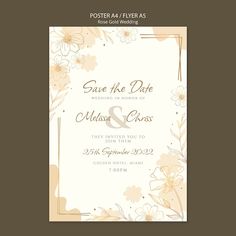 an elegant wedding card with flowers on the front and back, is shown in gold foil