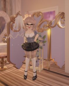 an animated woman standing in front of a mirror wearing glasses and a skirt with flowers on it