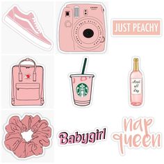 various stickers that include pink items and the words just peachy, baby girl