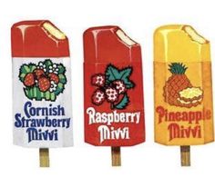 three popsicles with different flavors of fruit on them, one is pineapple and the other is raspberry