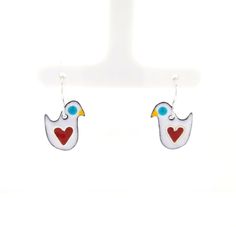 These happy little love birds are perfect for bringing a smile to all who see them! Made out of glass enamel fused to copper, with cloisonne hearts in the middle. The earwires are made of solid sterling silver. With My Love, Love Bird, Bird Earrings, Love Birds, My Love, Making Out, Of Love, Jewelry Design, Birds