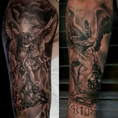 two men with tattoos on their arms, one has an angel and the other has a demon