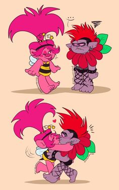 three cartoon characters, one with pink hair and the other with red hair in different poses