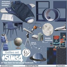 an advertisement for the children's bedroom with space related items in blue and white