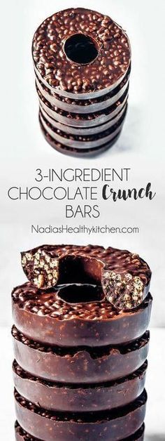 chocolate crunch bars stacked on top of each other with the words, 3 ingredient chocolate crunch bars