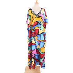 Multicolor Graffiti Loose Beach Kimono Dress Summer Multicolor V-neck Maxi Dress, V-neck Beach Dress With Abstract Print, Multicolor Abstract Print V-neck Maxi Dress, Multicolor V-neck Beach Dress For Vacation, Beach Season Patterned Printed Maxi Dress, Patterned Maxi Dress For Beach Season, Colorful V-neck Beach Dress, Colorful V-neck Vacation Dress, Casual Multicolor Print Maxi Dress For Summer